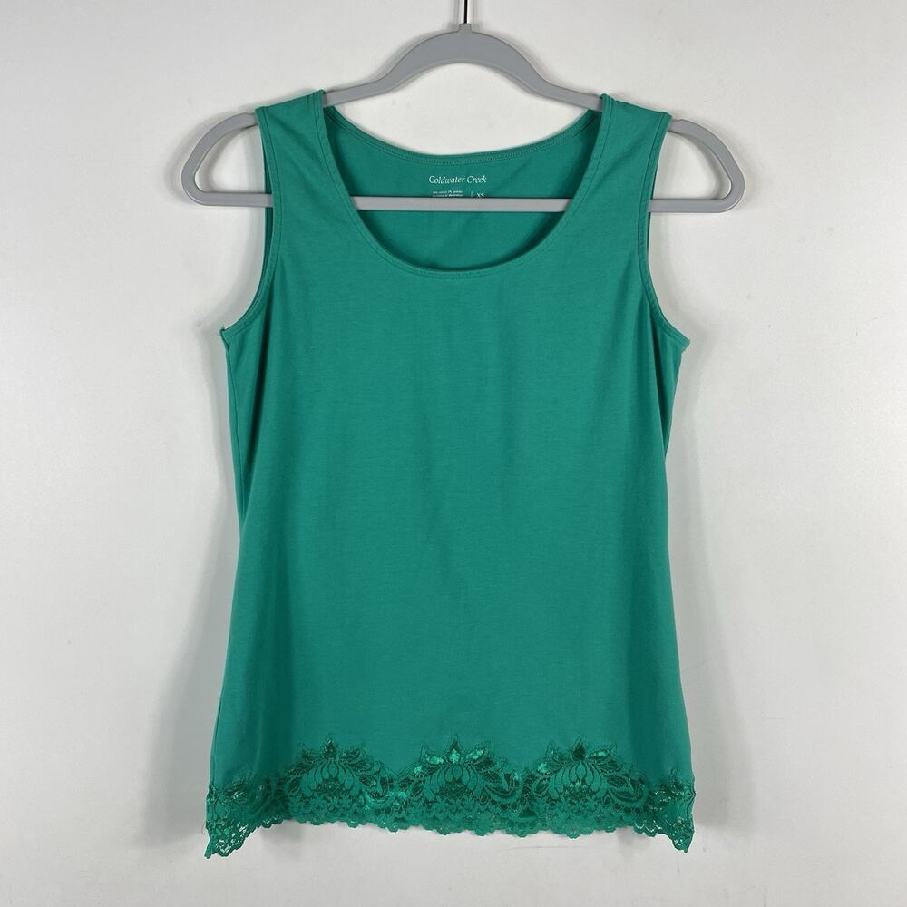 Coldwater Creek Tank Top XS Green Lace Hem Cotton Scoop Neck Sleeveless